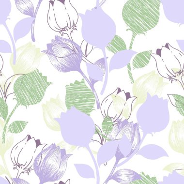 Tatlı Mor Pastel Lale Lale Çiçek Vektörü Kusursuz Grafik Deseni arkaplan ve giyim tasarımı için kullanılabilir