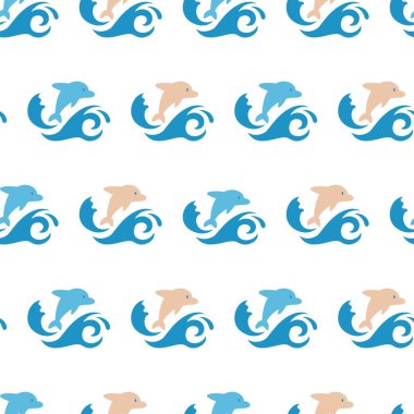 Düz Vektör Dizaynında Yunus Sıçrayan Kusursuz Desen, arka plan ve giyim tasarımı için kullanılabilir