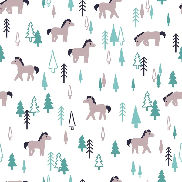 Horse Herd Green Forest Vector Graphic Seamless Pattern Can Use —  Vetores de Stock