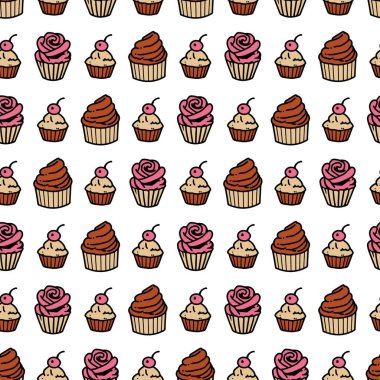 Sweet Bakery with Cupcakes and Cream Pattern. Perfect for bakery packaging, dessert shop branding, textile prints, party invitations, wallpapers, and sweet-themed decorations.
