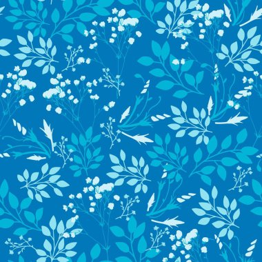 Dekoratif Mavi Yapraklar Beyaz Tomurcuklar deseni. Tekstil, duvar kağıtları, hediye paketi, kumaş tasarımı ve modern botanik projeleri için mükemmel..