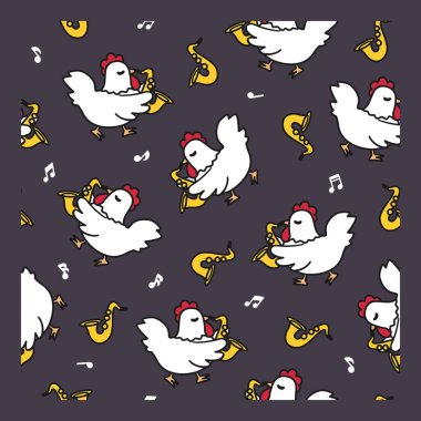 Çizgi film Hen Jazz Müzik Komik Saksafon Şablonu. Müzik temalı tasarımlar, çocuk tekstil ürünleri, karikatür hayvani baskılar, caz partisi dekorasyonu ve eğlenceli ambalaj kağıtları için mükemmel..