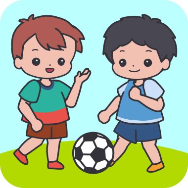 Çocuklar İki Çocukla Spor Futbolu Oynuyor. Spor eğitimi, çocuk aktivitesi tasarımları, okul projeleri, web siteleri, yazıcı materyalleri ve gençlik spor temaları için mükemmel.