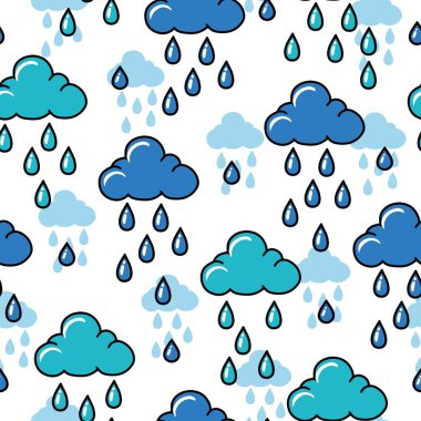 Şakacı Kusursuz Muson Yağmurlu Bulutlar Şablonu. Yağmur mevsimi tasarımları için ideal yumuşak ve kaprisli bir dokunuş. Hava temalı projeler, kumaş baskıları, çocuk çizimleri vs. için mükemmel