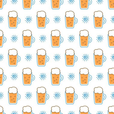 Eğlenceli soğuk bira ve dikişsiz güneş kreması deseni. Bira severler, bar dekorasyonları, parti davetiyeleri, kumaş baskıları, ambalaj kağıtları ve eğlenceli mevsimlik projeler için mükemmel..