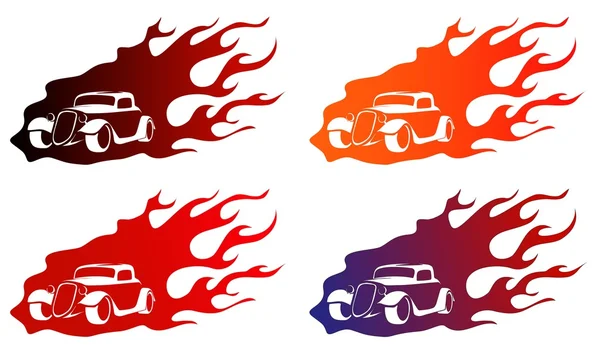 Old car on fire logo — Stock Vector