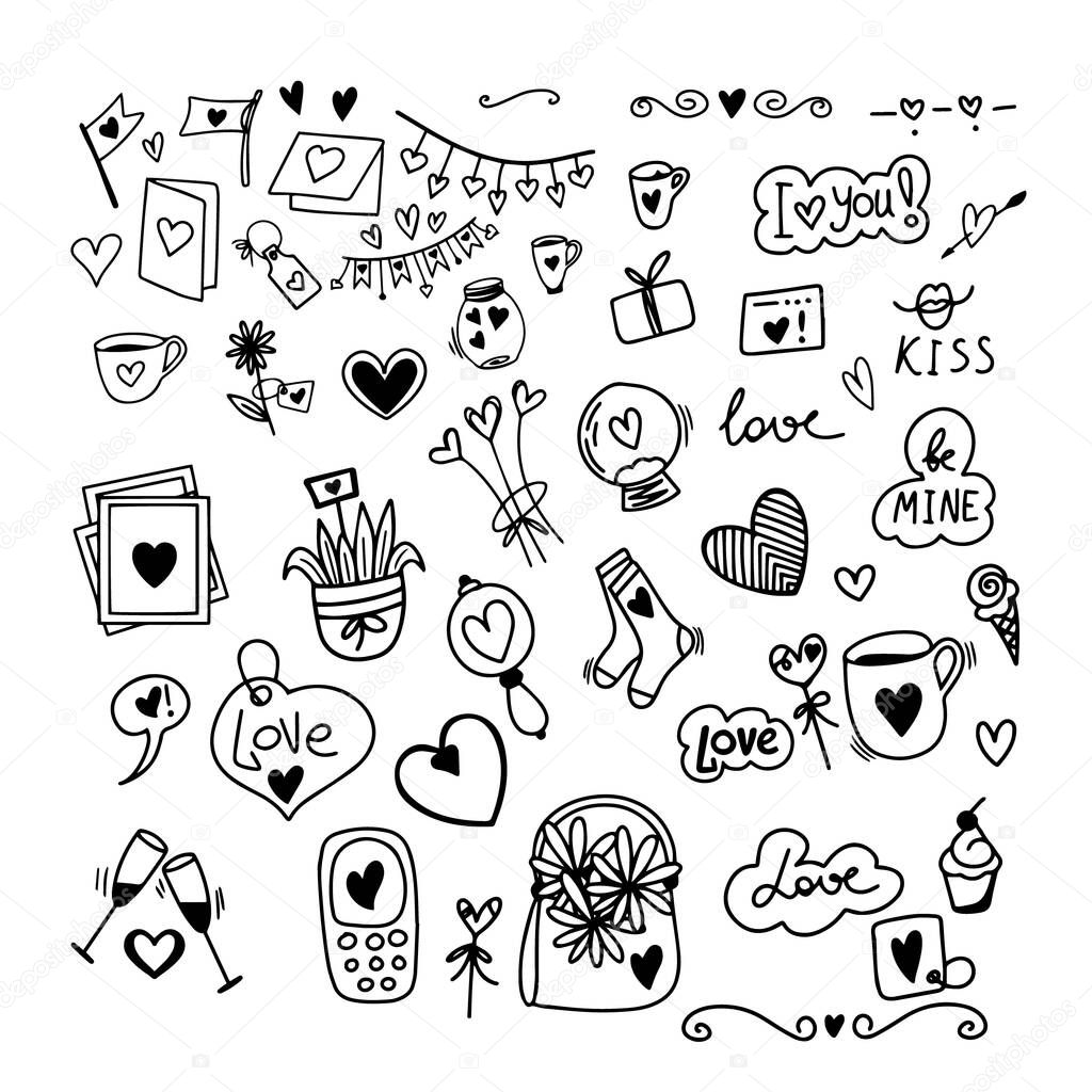 Vector illustration Funny hand drawn icons set for St.Valentines Day