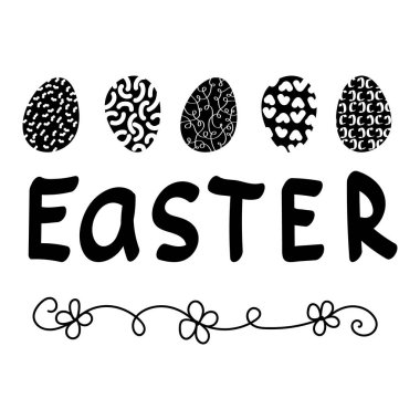 EASTER 'ın vektör illüstrasyonu soyut elementler ve yumurtalarla izole edilmiş bahar harfleri. Beyaz arkaplandaki el yazısı alıntısı. El yazısı tipografi tasarımı.. 