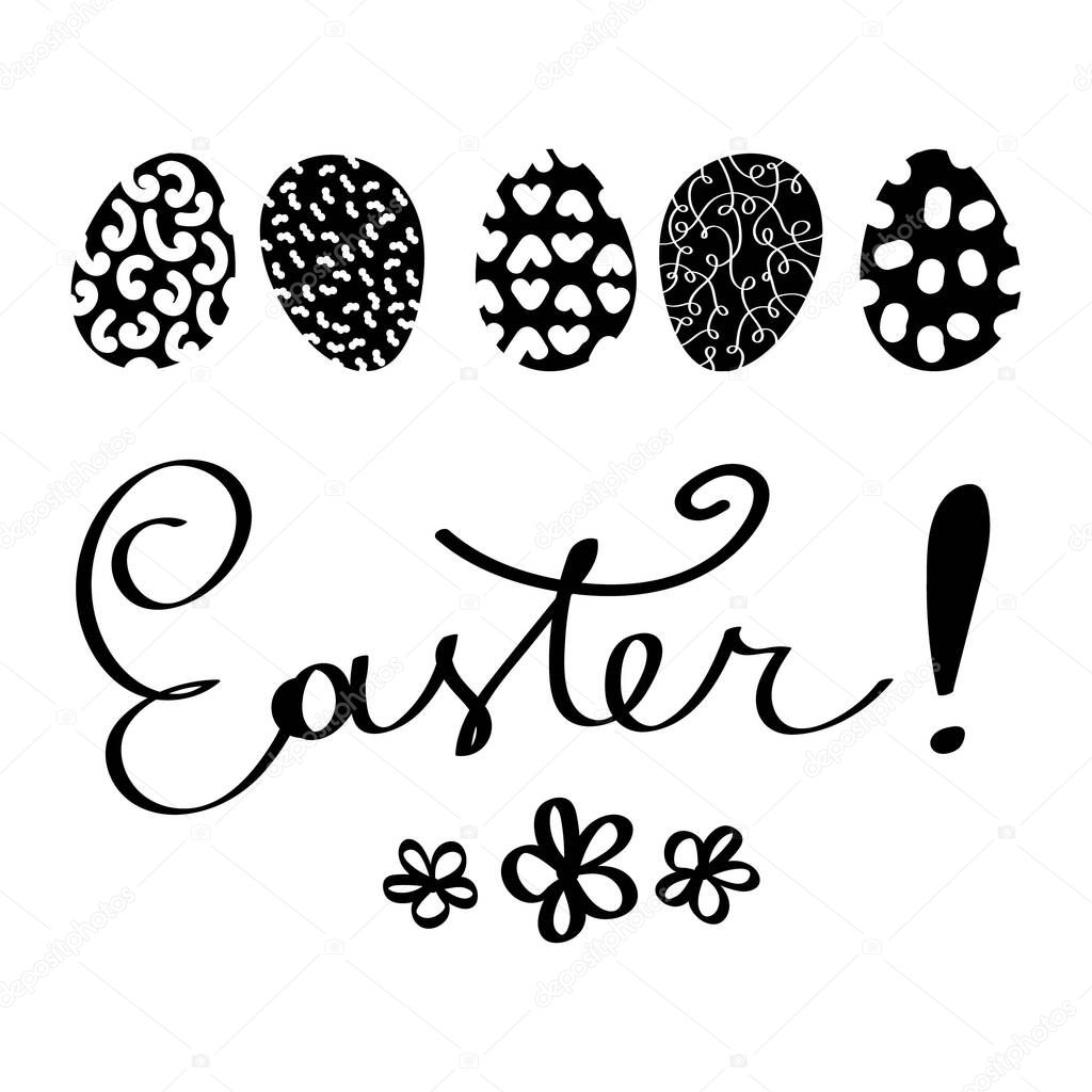 Vector illustration of EASTER isolated spring lettering with abstract elements and eggs. Calligraphy quote on white background.Handwritten typography design. 