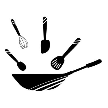 Beyaz arka planda siyah mutfak araçlarının vektör çizimi. Siyah komik mutfak malzemeleri. Duvar kağıdı, şablon dolguları, tekstil, web sayfası arka planı, yüzey dokuları için kullanılabilir. 