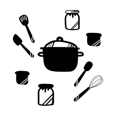 Beyaz arka planda siyah mutfak araçlarının vektör çizimi. Siyah komik mutfak malzemeleri. Duvar kağıdı, şablon dolguları, tekstil, web sayfası arka planı, yüzey dokuları için kullanılabilir. 