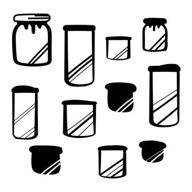 Beyaz arka planda siyah mutfak araçlarının vektör çizimi. Siyah komik mutfak malzemeleri. Duvar kağıdı, şablon dolguları, tekstil, web sayfası arka planı, yüzey dokuları için kullanılabilir. 