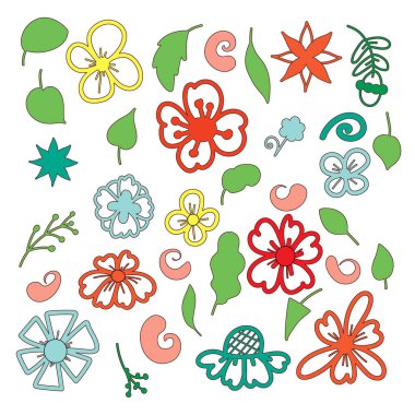 Çiçekler, bitkiler ve yapraklar. Duvar kağıdı, şablon dolguları, tekstil, web sayfası arkaplanı, yüzey dokuları için vektör ilüstrasyonu.