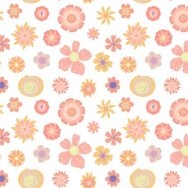 Çiçek ve yapraklı karalama şeklinde vektör deseni. Yumuşak, bahar çiçekli arka plan. Çocukça bir iz. İskandinav dekoratif tarzında vektör illüstrasyonu.