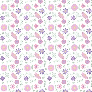 Çiçek ve yapraklı karalama şeklinde vektör deseni. Yumuşak, bahar çiçekli arka plan. Çocukça bir iz. İskandinav dekoratif tarzında vektör illüstrasyonu.