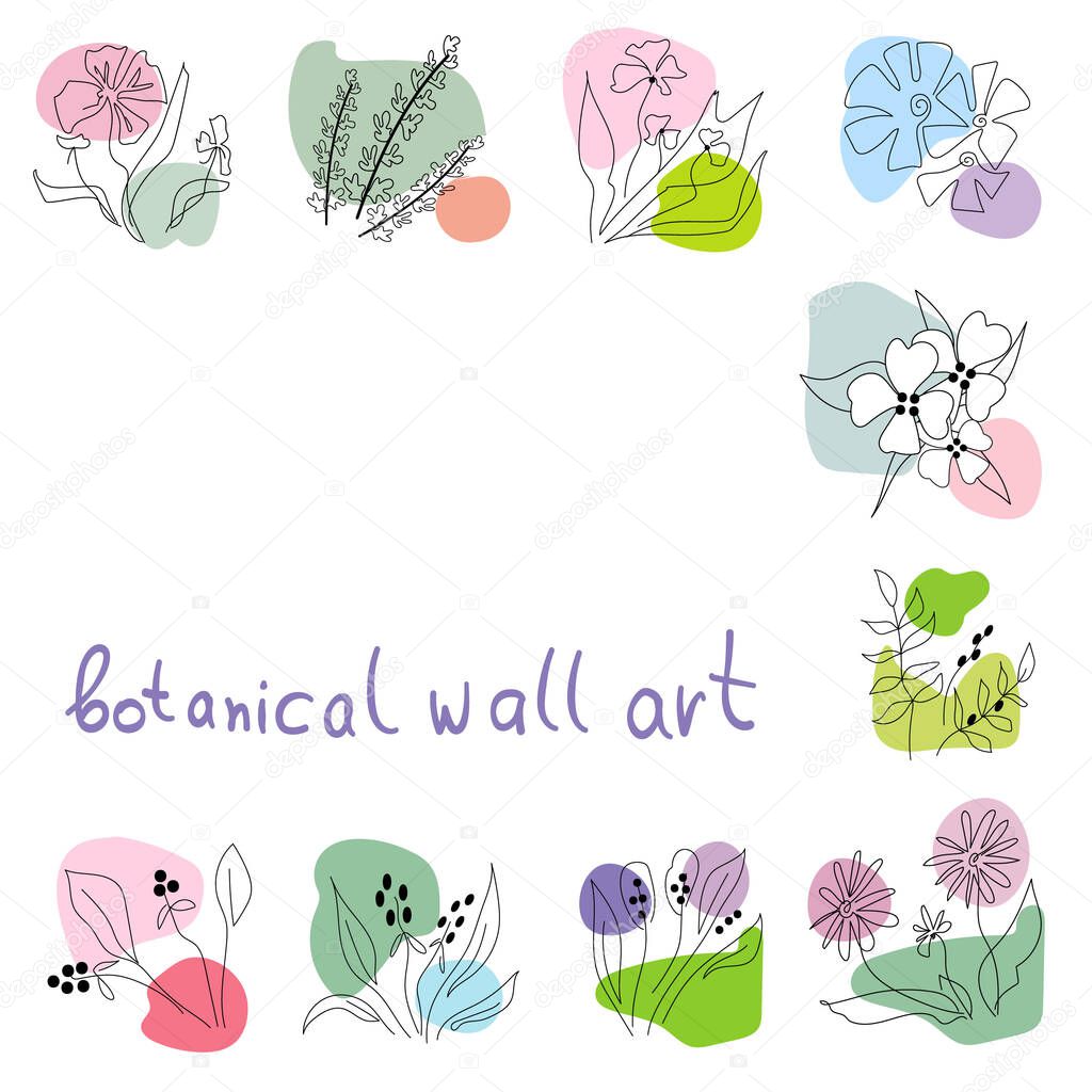 Botanical wall art vector set. Abstract Plant Art design of flowers and branches for collages, for print, cover, wallpaper, Minimal and natural wall art. Vector illustration.