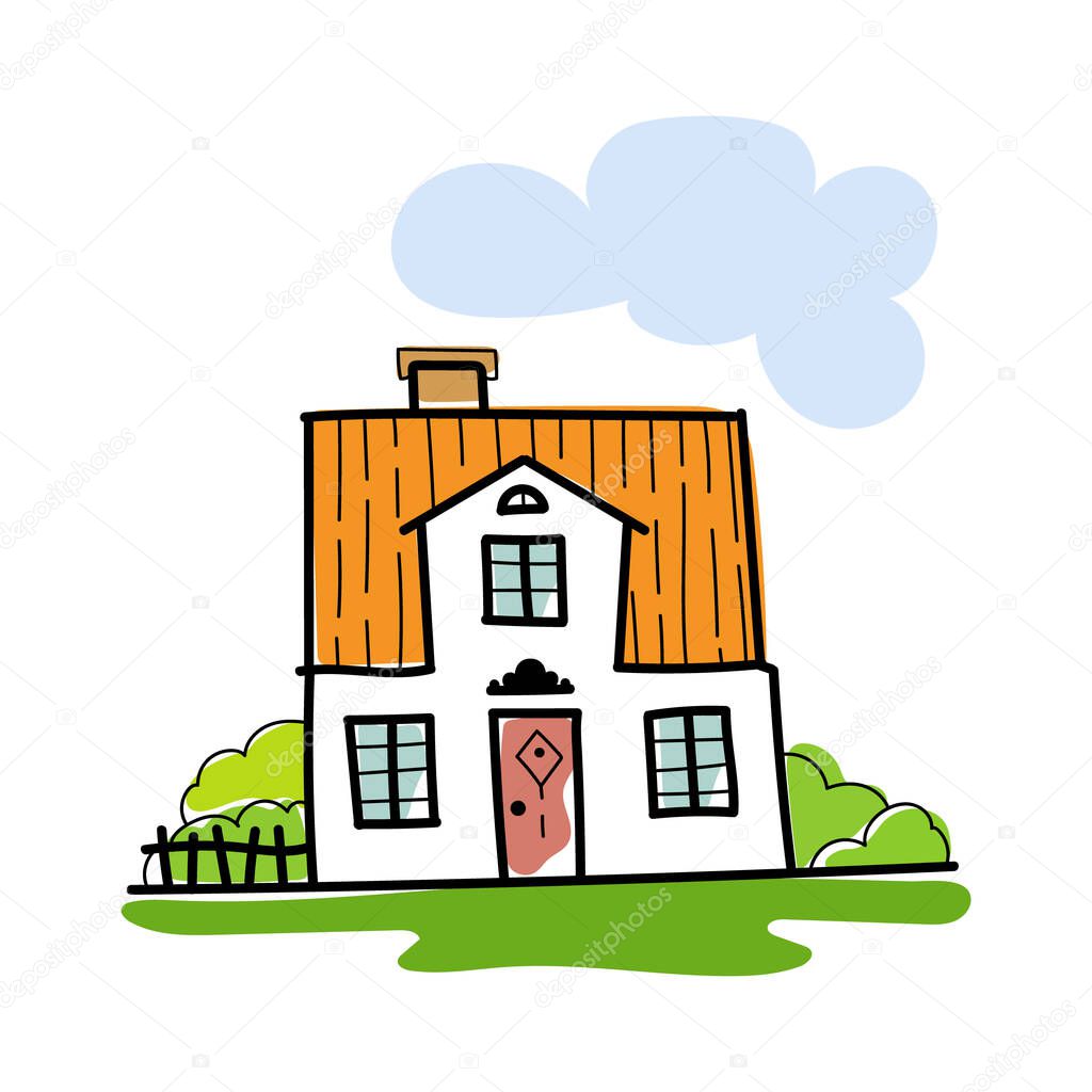 Sketch of hand-drawn house, detached, single family houses with trees. Doodle cartoon vector illustration of Home Sweet Home. House Exterior. 