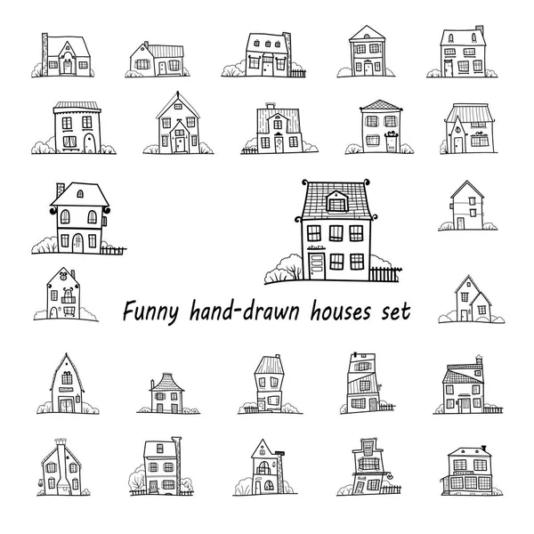 Set Schizzi Casa Disegnata Mano Nera Indipendente Case Unifamiliari Con — Vettoriale Stock
