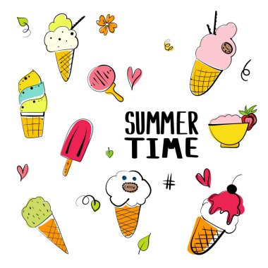 El yapımı karalama dondurması çizimi seti. Parti tasarımı için vektör ayarlandı.