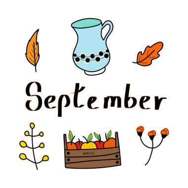 Sonbahar seti, el yapımı elementler el yazısı, sonbahar yaprakları, orman hayvanları, çelenkler ve diğerleri. İnternet, kart, poster, kapak, etiket, davetiye, etiket kiti için mükemmel. Vektör illüstrasyonu