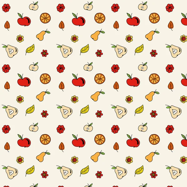 Vector Colorful Autumn Natural Seamless Pattern Fall Leaves Apples Peaches — Stock Vector