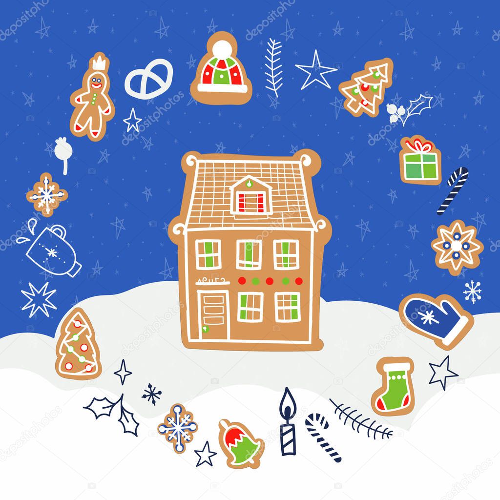 Vector doodle Christmas and New Year greeting card or postcard templates with sweet tasty gingerbread houses and holiday wishes. Festive colorful vector illustration in doodle cartoon style.