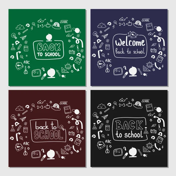 Welcome Back School Text Drawing Colorful Chalk Blackboard School Items — Stock Vector