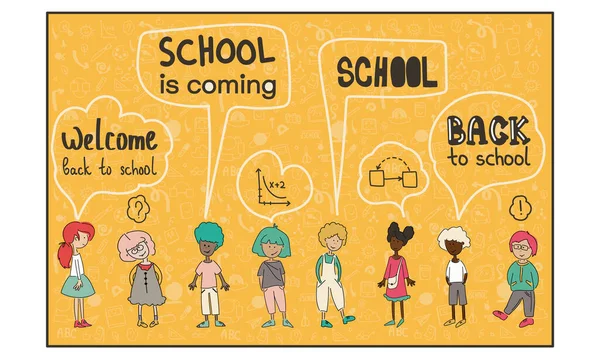 Selamat Datang Kembali Gambar Sekolah Dengan Kapur Warna Warni Papan - Stok Vektor