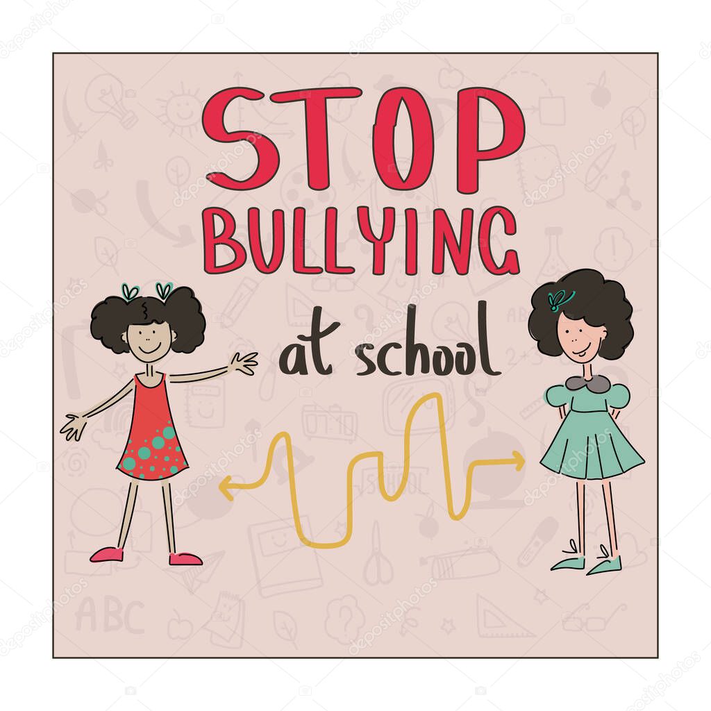 Stop bullying at school posters. Bullying types concepts in cartoon style verbal, social, physical, cyberbullying. Bullying at school and in the office. Vector illustration