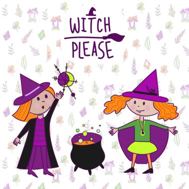 Mutlu Cadılar Bayramı! Bir cadının iksir hazırlayan sevimli bir illüstrasyonunu, kedili bir cadıyı, başka bir kadını ve bir takım nesneleri. Kart, poster veya arkaplan çizimleri.