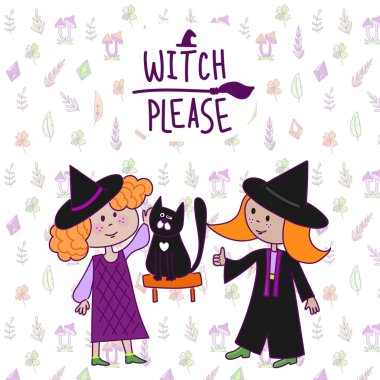 Mutlu Cadılar Bayramı! Bir cadının iksir hazırlayan sevimli bir illüstrasyonunu, kedili bir cadıyı, başka bir kadını ve bir takım nesneleri. Kart, poster veya arkaplan çizimleri.