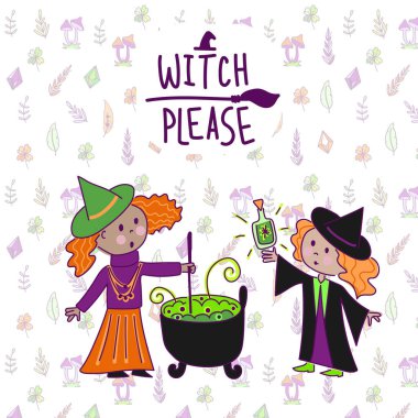 Mutlu Cadılar Bayramı! Bir cadının iksir hazırlayan sevimli bir illüstrasyonunu, kedili bir cadıyı, başka bir kadını ve bir takım nesneleri. Kart, poster veya arkaplan çizimleri.