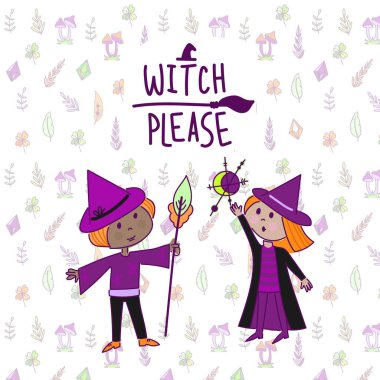 Mutlu Cadılar Bayramı! Bir cadının iksir hazırlayan sevimli bir illüstrasyonunu, kedili bir cadıyı, başka bir kadını ve bir takım nesneleri. Kart, poster veya arkaplan çizimleri.