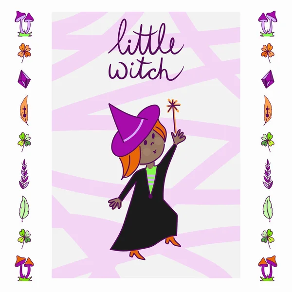 Happy Halloween Vector Cute Illustration Witch Preparing Potion Witch Cat — Stock Vector