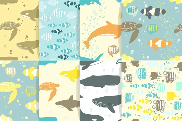 Conjunto de padrões sem costura com animais marinhos . —  Vetores de Stock