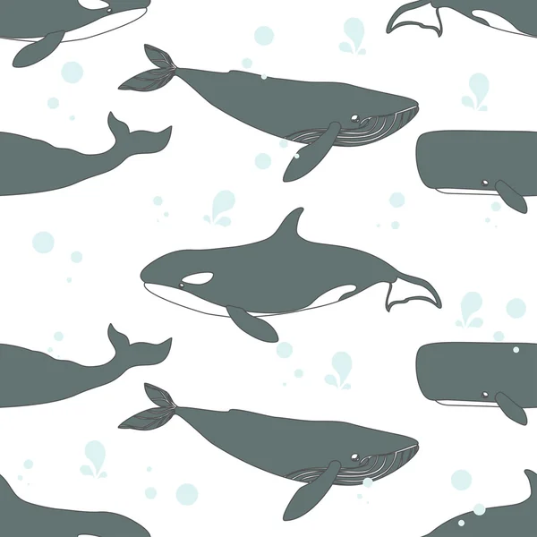 Płynny wzór z uroczymi wielorybami. — Wektor stockowy