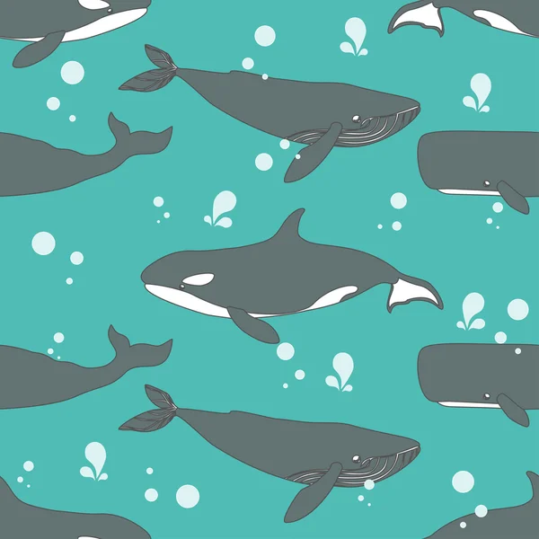 Płynny wzór z uroczymi wielorybami. — Wektor stockowy