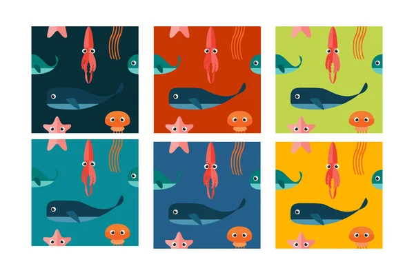 Conjunto de patrones sin costura con animales marinos . — Vector de stock