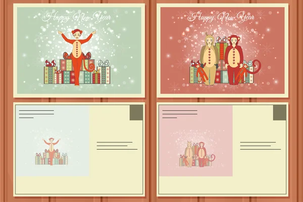 Coffret de Noël de cartes postales. Illustration vectorielle d'un cerf de Noël mignon et Santa Helper Girl. Joyeux Père Noël. Contexte de Noël . — Image vectorielle