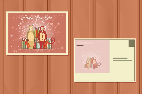 Coffret de Noël de cartes postales. Illustration vectorielle d'un cerf de Noël mignon et Santa Helper Girl. Joyeux Père Noël. Contexte de Noël . — Image vectorielle