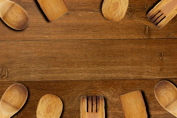 Topview Rustic Wooden Table Wooden Spoon Fork — Stock Photo, Image