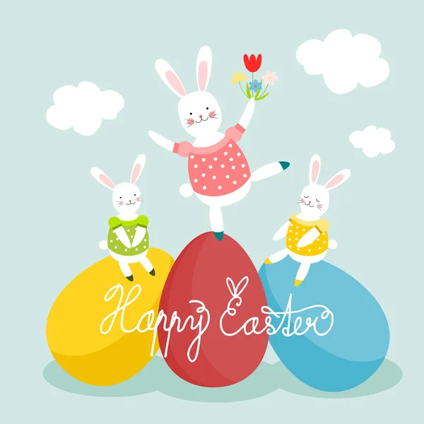 Påsk kanin på ägg, påsk gratulationskort, vektor illustration — Stock vektor