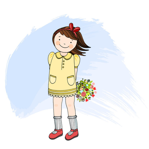 Girl holding flowers, hand drawn vector illustration