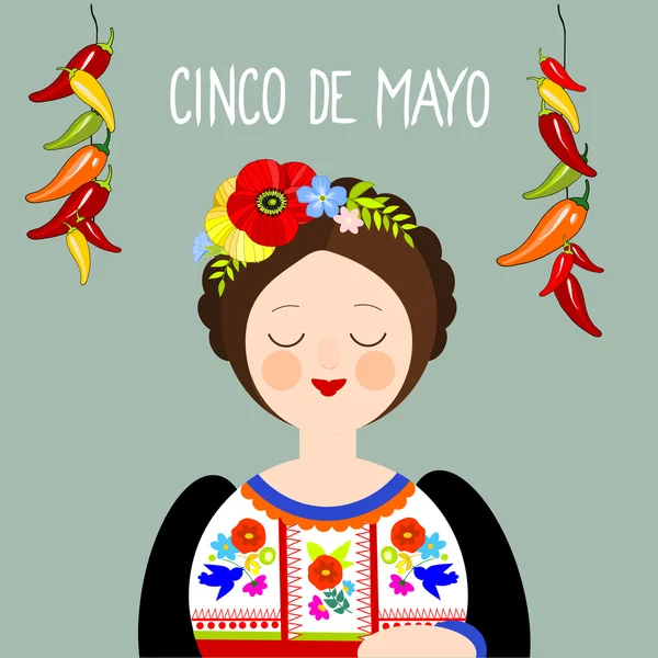 唐辛子、メキシコのシンコ ・ デ ・ マヨのグリーティング カードを持つ少女 — ストックベクタ