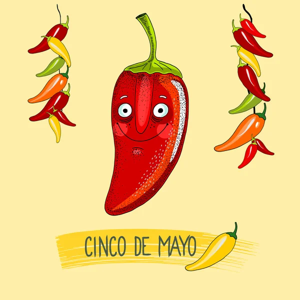 Red Pepper, personagem de pimenta vermelha para o feriado mexicano cinco de mayo com pimentas penduradas —  Vetores de Stock