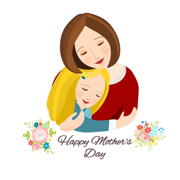 Abrazos de madre e hija, Tarjeta de felicitación del Día de la Madre — Vector de stock