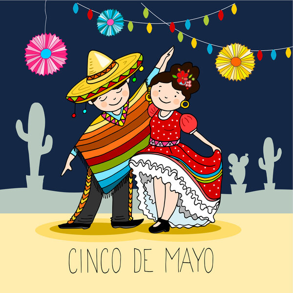 Mexican couple, dancers in the night, greeting card for the for cinco de mayo holiday