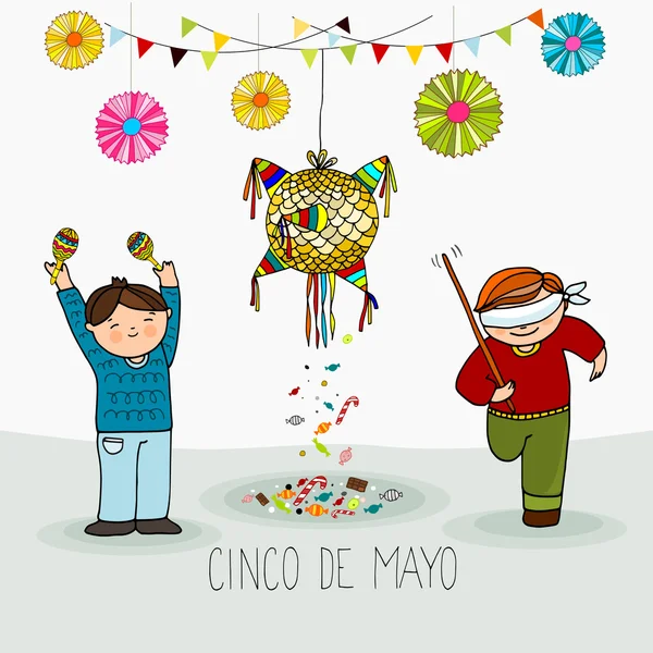Meninos batendo pinata, mexicano cinco de mayo cartão de saudação feriado —  Vetores de Stock