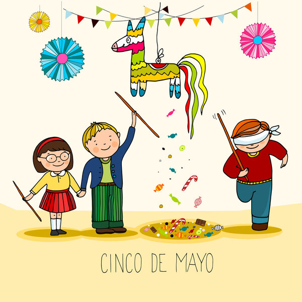 Mexican cinco de mayo holiday celebration vith pinata, hand drawn vector illustration