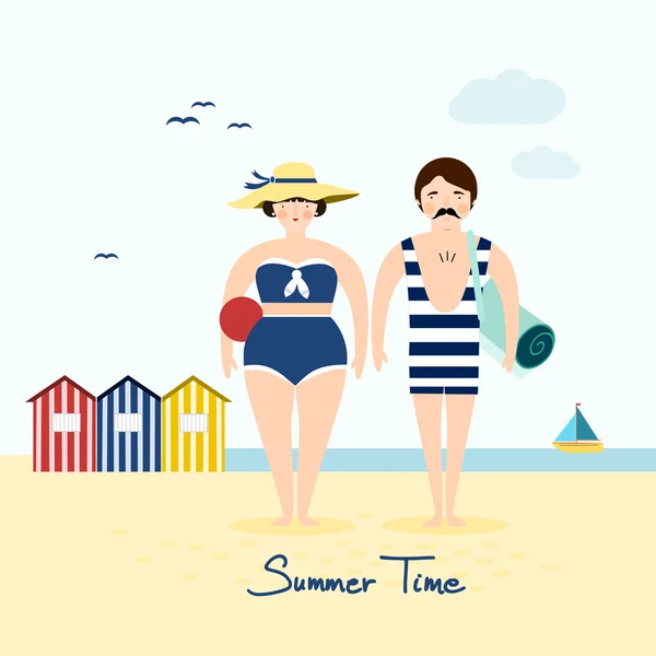 Retro paar op het strand, de kaart van de groet van de zomer — Stockvector